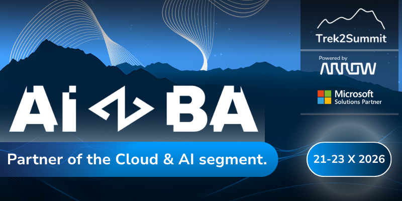 Baner Trek2Summit z logo AIBA, informacją „Partner of the Cloud & AI segment” oraz datą 21-23 X 2026 na tle górskiej panoramy.