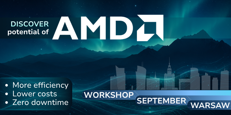 Banner „Discover potential of AMD” promujący wrześniowe warsztaty w Warszawie: praktyka, dane i networking.