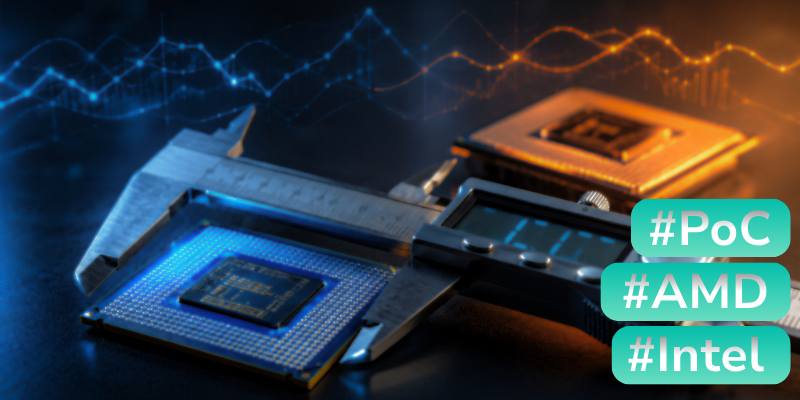 Suwmiarka mierząca dwa procesory, oświetlone niebieskim i pomarańczowym światłem, z oznaczeniami #PoC, #AMD i #Intel.